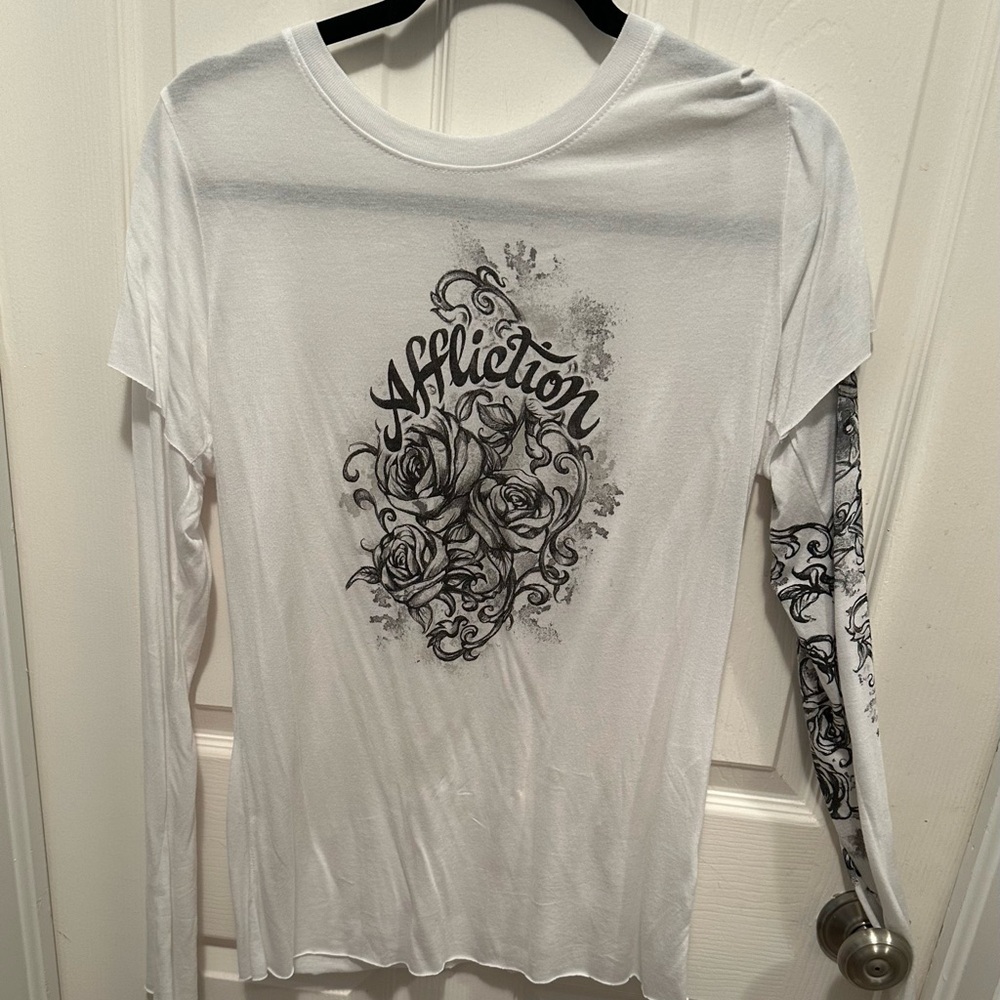 Affliction Long Sleeve Tee. White with black design. Size Large